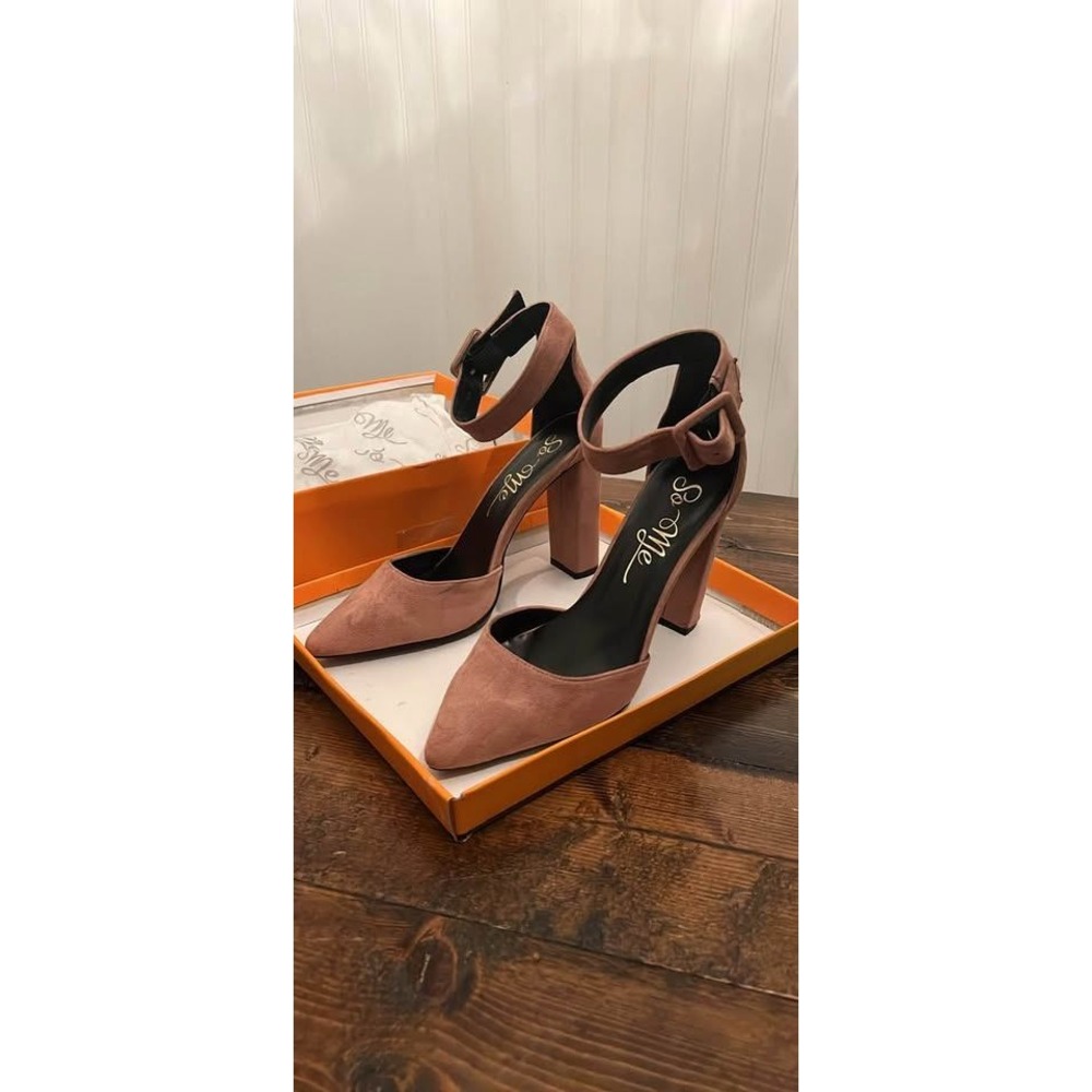 So Me Womens Blush Pink Faux Suede Pointed Toe Ankle Strap Block Heel Pumps - 9